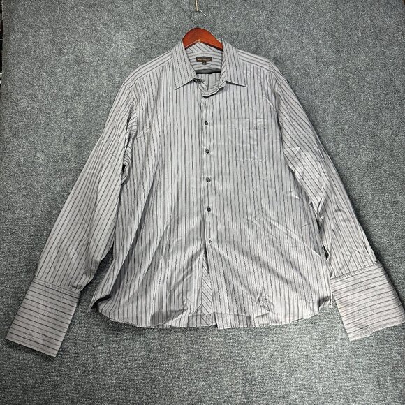 Ben Sherman Shirt Mens 18 Button Up Gray Stripe Cotton Long Sleeve Pocket - Picture 1 of 8